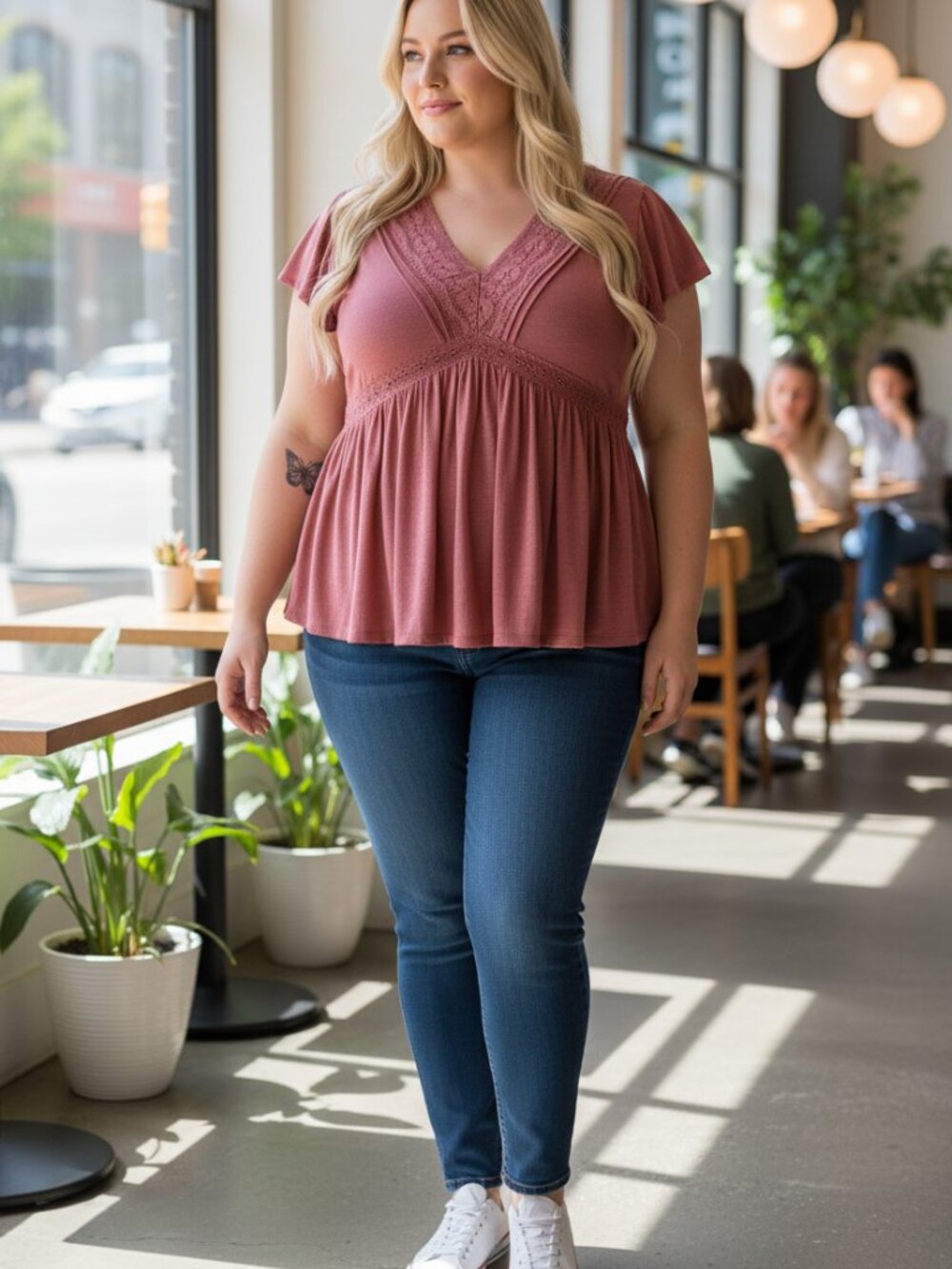 Torrid Knit V-Neck Lace Inset Babydoll Top Stretch Mauve Pink Plus Size 2X